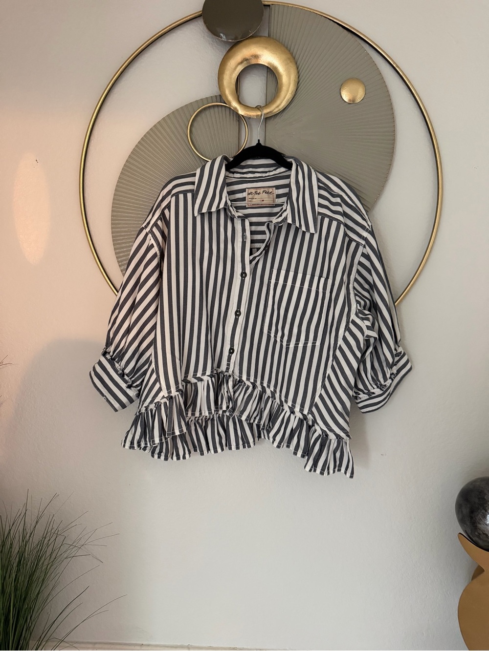 We The Free Black & White Striped Ruffle Hem Button-Front Top